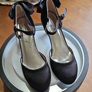 Badgley Mischka Black Satin Ankle-Strap Heels with Back Bow Accent